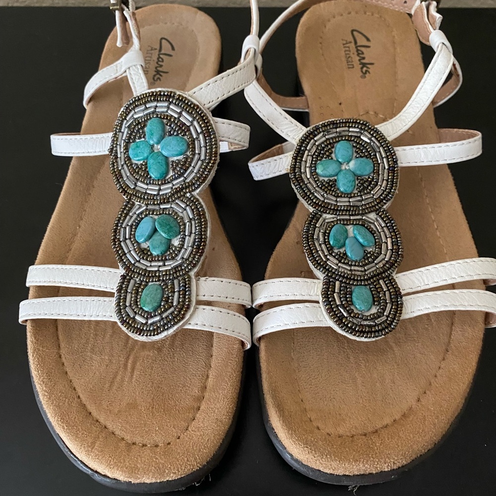 Clarks Women's White Sandals with Turquoise Accents